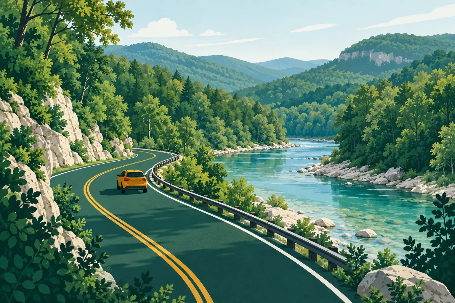 A road through forested Ozark mountains with a clear river, a typical landscape of Arkansas