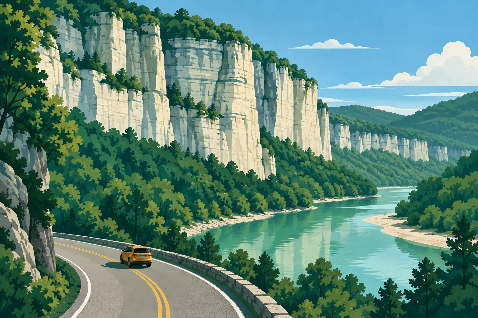 The tall limestone bluffs of the Buffalo River in the Ozark Mountains, in Arkansas